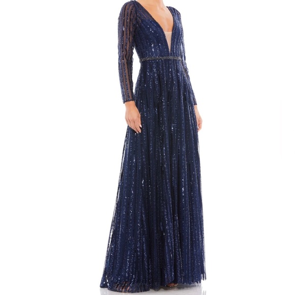 # Mac Duggal Sequins Stripe Plunge Neck Long Sleeve A Line Gown In Midnight NWT - Picture 16 of 16